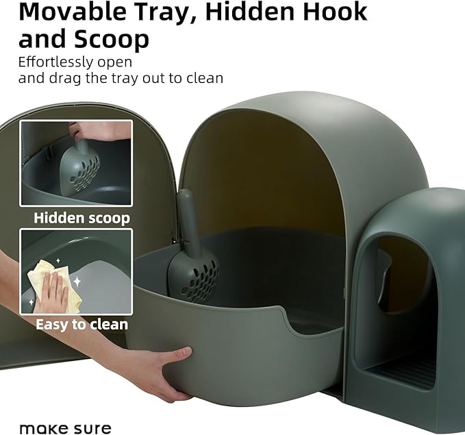 MS!MAKE SURE Cat Litter Box, Large Covered Hidden Dog Proof Closed Modern Cat Litter Box Furniture with Scoop, for Odor Control and Less Tracking, Easy to Clean,26.7"x19.6"19.6", Moss Green