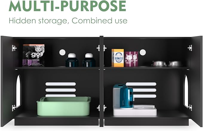 Large/Tall Litter Box Enclosure, Modern Wooden Litter Box Furniture for XL Litterbox with Hidden Storage as Sideboard Cabinet (Black)