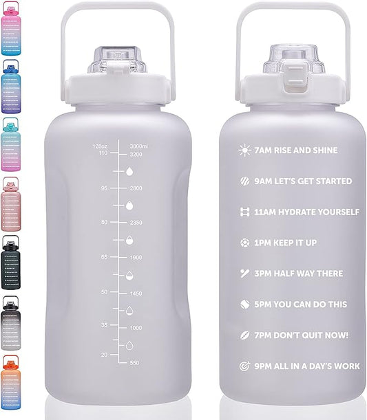 64oz,100oz,128oz Large Motivational Water Bottle with Time Marker, Leakproof & BPA Free Half Gallon Big Water Bottle with Straw Handle Tritan Frosted Water Jug for Gym,Fitness,Outdoor Sports