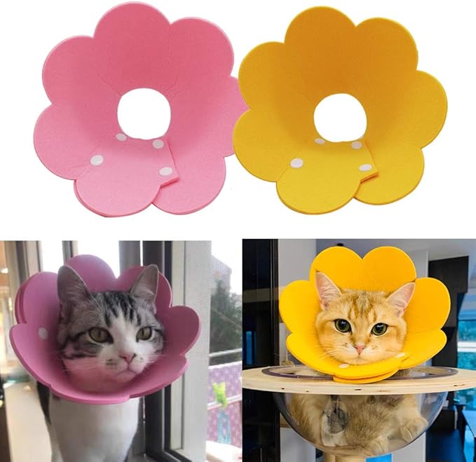 Adjustable Cat Recovery Collar - Cute Flower Neck Cat Cones After Surgery, Set of 2 Cat E Collar, Surgery Recovery Elizabethan Collars for Kitten and Cats S Size (2 pcs)
