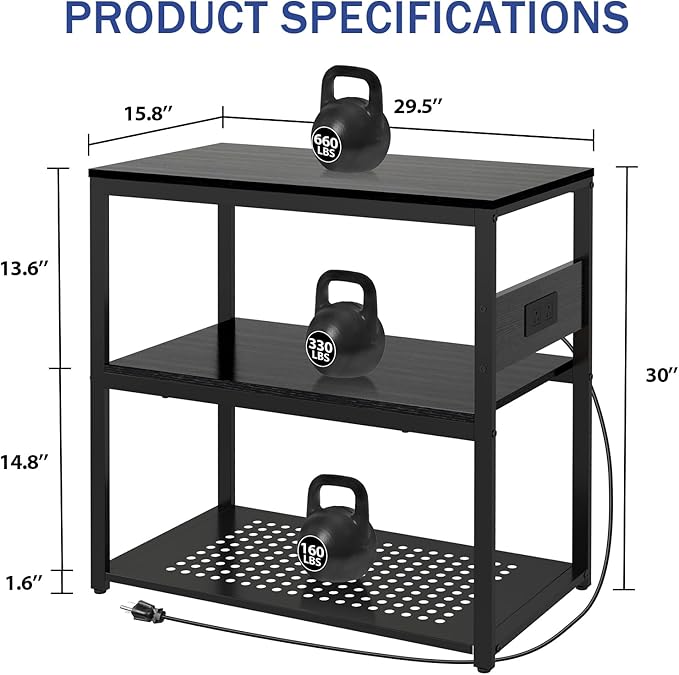 20-29 Gallon Fish Tank Stand with Power Outlets, 3-Tier Metal Aquarium Stand, Breeder Reptile Tank Stand with Shelf for Home Office, 660LBS Capacity, 29.5 x 15.8 x 30.1 inches, Black