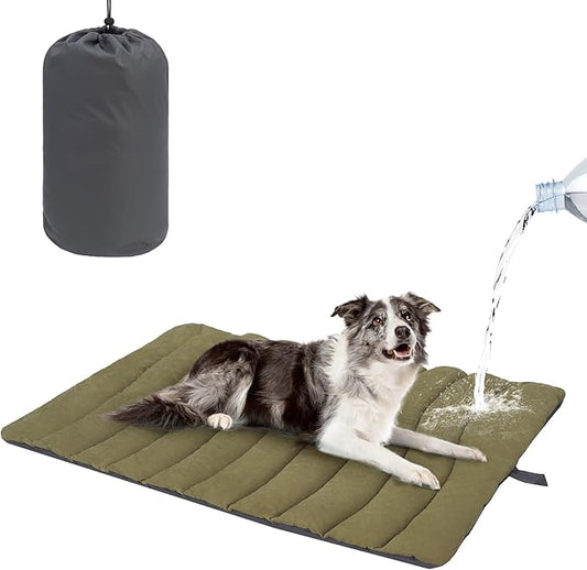 BEAUTYZOO Outdoor Dog Bed Waterproof, Camping Dog Bed Reversible, Portable Travel Bed with Carry Bag- Machine Washable, Durable, Foldable Outdoor Pet Bed Mat for Medium Large Dogs 26” x 43“ Green