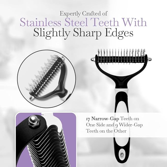 Fuller Brush Dual-Head Dematting Pet Comb - Stainless Steel Teeth with Slightly Sharp Edges - 7 Narrow-Gap & 9 Wider-Gap on Other Side - Use to Remove Stubborn Fur & For Grooming Dogs & Cats
