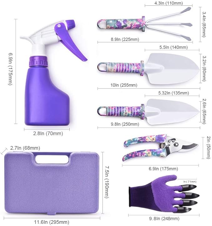 6 Pieces Garden Tools Set Planting Tools, Non-Slip Handle with Anti-Rust Trowel, Cultivator, Pruning Shear, Water Sprayer and Carrying Case, Gloves with Claws