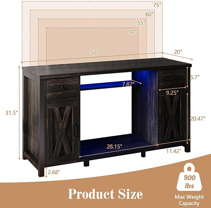 75 Gallon Fish Tank Stand with LED Light & Power Outlets, 55-75 Gallon Heavy Duty Metal Aquarium Stand with Drawers & Barn Doors, Cabinet for 2 Fish Tank Accessories Storage, Dark Oak