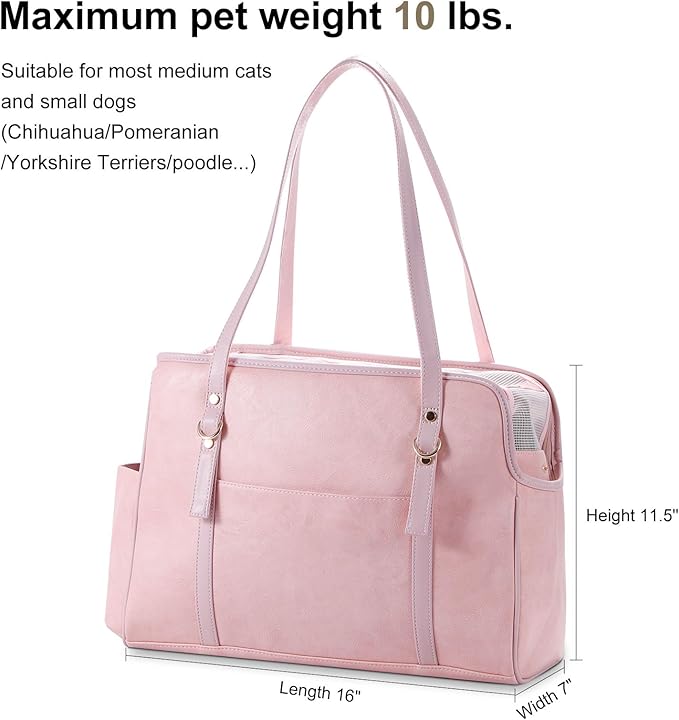 Dog Carrier Purse, Fashion Leather Pet Carrier with Pockets, Airline Approved Soft Sided Dog Carrying Bag for Puppy Cat Dog Pink