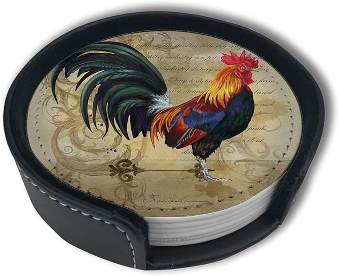 Vintage Rooster Coasters for Drinks with Holder Leather Coasters Set of 6 Table Decor Protect Furniture from Water Marks Scratch and Damage