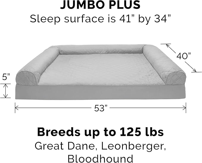 Furhaven Orthopedic Dog Bed for Large Dogs w/ Removable Bolsters & Washable Cover, For Dogs Up to 125 lbs - Quilted Sofa - Silver Gray, Jumbo Plus/XXL