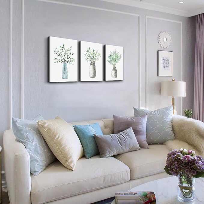 AHUASJART Canvas Wall Art Paintings For Kitchen Dining Room Large Size Wall Decor Living Room Wall Decoration For Bedroom Office Decor Green Leaf Vase Wall Pictures Artwork For Home Walls 3 Piece