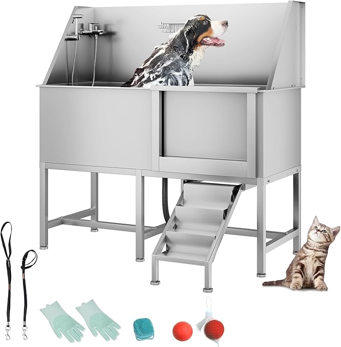 50" Pet Dog Bathing Station, Stainless Steel Dog Bathtub W/Ramp, Floor Grate, Dog Bath Brush, Washing Gloves for Home, Professional Dog Washing Station for Pets (50 Inch Left Door)