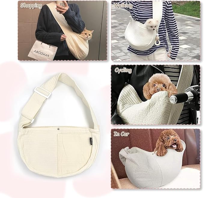 NATUYA Small Dog Carrier Sling Cat Sling-Dog Slings for Carrying Small Dogs-Adjustable Strap Hand Free Pet Puppy for Outdoor Traveling Subway (White, Canvas-Adjustable Strap)