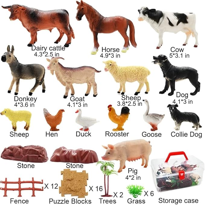 Farm Animal Figurines, Realistic Plastic Animals Toys with Fences Building Blocks, Farm Figures Playset Educational Birthday Gift for Kids & Toddlers, 53 PCS