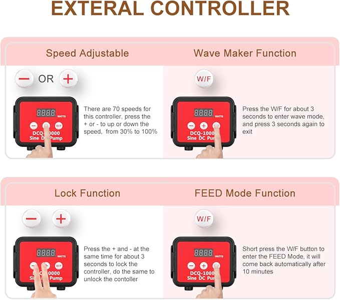 2640GPH 80W Aquarium DC Retrun Pump With LCD display Controller,DC24V 18FT Lift Controllable water pump for fresh and marine water fish tank,100 speeds ECO Quiet inline and submersible pump