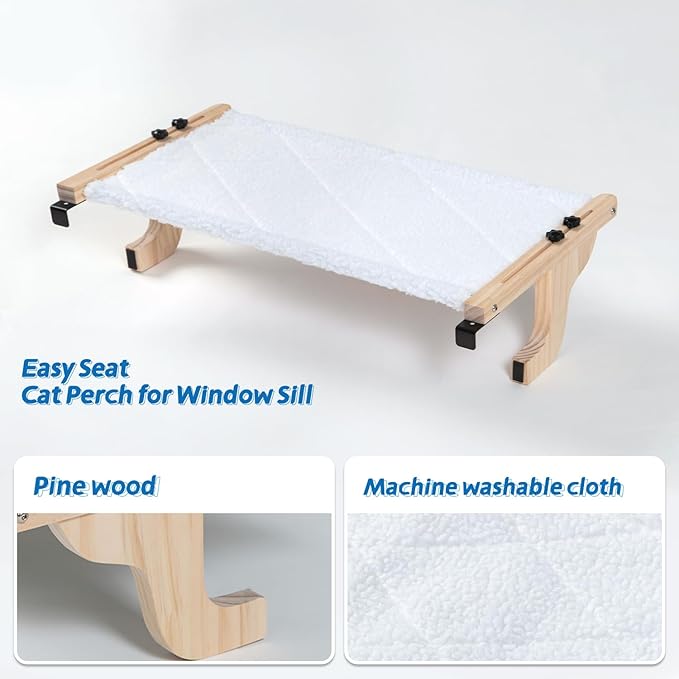 Easy Seat Cat Perch for Window Sill - Hammock Design w/Pine Wood & Robust Metal Frame - Cat Window Seat for Large Cats and Kittens (Natural Color Wood w/White Bed, Medium (23''W x 14''D))