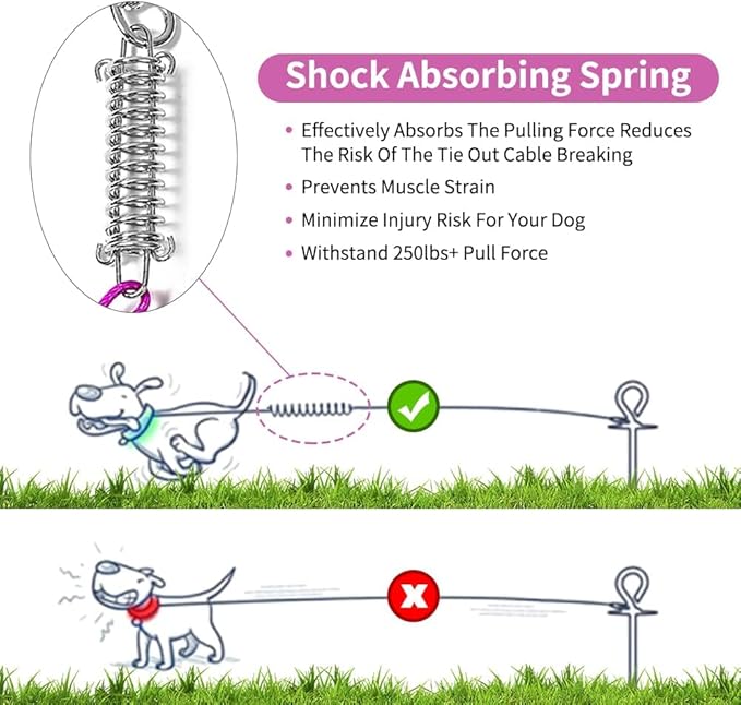 Tie Out Cable for Dog,15FT Dog Leads with Swivel Hook and Shock Spring,Heavy Duty Tie Out Cable for Large Dogs Up to 125lbs,Durable Dogs Runner Tether Line for Outdoor,Yard