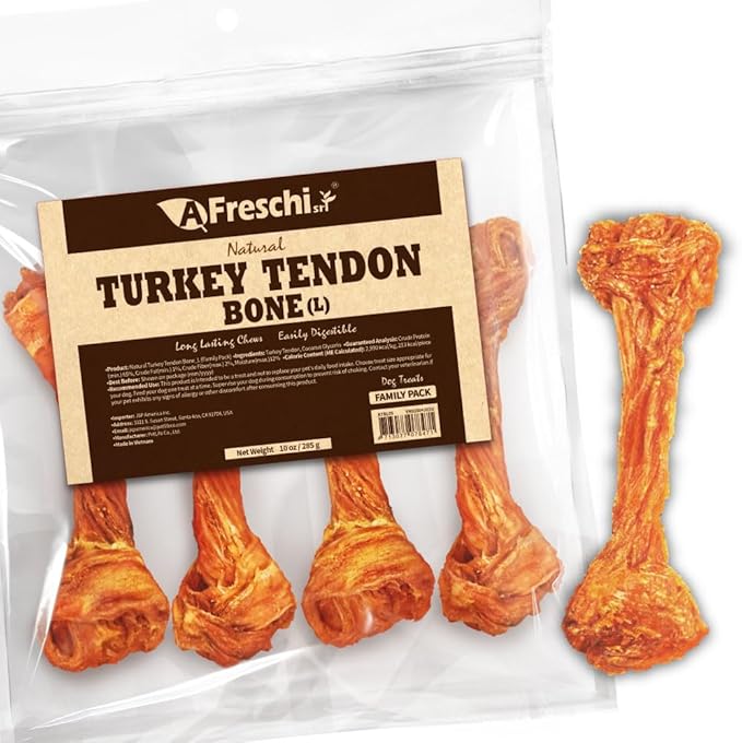 Afreschi Natural Turkey Tendon Bone (L) 10 oz, USA-Sourced Turkey Tendon, All Natural Puppy Chew, Hypoallergenic, Rawhide Alternative, for Large Breeds