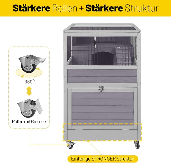 Aivituvin Rabbit Hutch Rabbit Cage Outdoor & Indoor on Wheels Bunny cage with Deep No Leak Pull Out Tray,Upgrade Version (Gray)