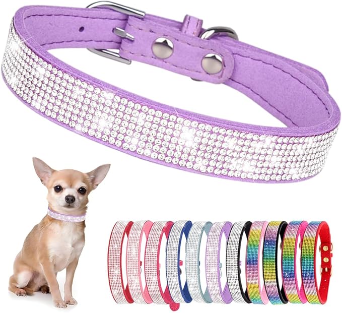 Rhinestone Dog Collar for Small Dogs, Bling Diamond Fancy Crystal Glitter Pretty Jewel Pet Puppy Collars for XXS XS Small Medium Large Breed Girl Dogs Female Cats Kitten, Purple L