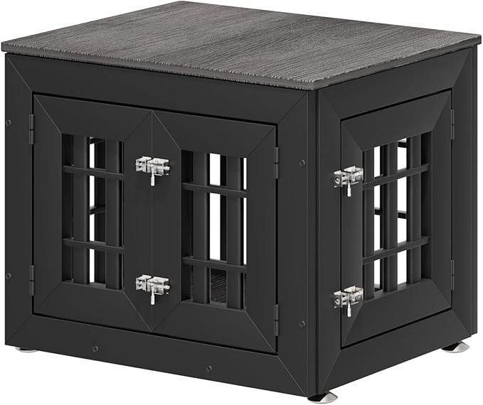 26" Heavy Duty Dog Crate Furniture for Small,Medium and Large Dogs,Rustic Wooden Dog Cage Kennel Indoor Furniture with Waterproof Top,Decorative Pet House Side End Table (Black & Grey)