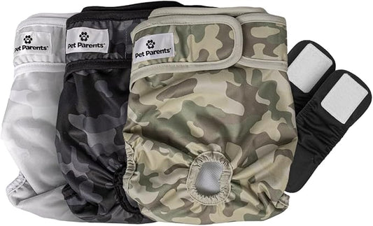 Pet Parents® Washable Dog Diapers (3pack) + Extendrs® of Durable Doggie Diapers, Premium Dog Diapers Female & Male (X-Small, Camo)