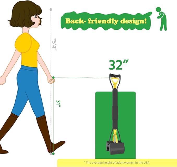 32" Heavy Duty Dog Pooper Scooper for Large Dogs, Extra Long Handle Foldable Poop Pick Up Tool with Durable Spring, Great for Yard, Lawns, Grass, Dirt, Gravel