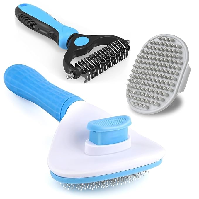 3PCS Dog Grooming Brush - Dog Brush for Shedding Massaging Bathing - Double Sided Shedding, Dematting Undercoat Rake - Self Cleaning Slicker Comb for Dogs and Cats with Long or Short Coats