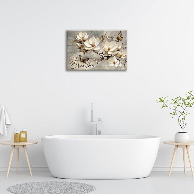 Floral Magnolia Bathroom Pictures Wall Art, Just Breathe Bathroom Wall Decor, Flower Butterfly Framed Painting Canvas Artwork for Bedroom Living Room Decorations 24"L x 16"W