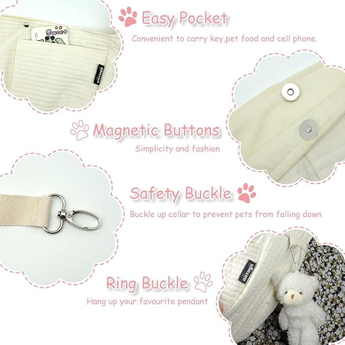 NATUYA Small Dog Carrier Sling Cat Sling-Dog Slings for Carrying Small Dogs-Adjustable Strap Hand Free Pet Puppy for Outdoor Traveling Subway (White, Canvas-Adjustable Strap)