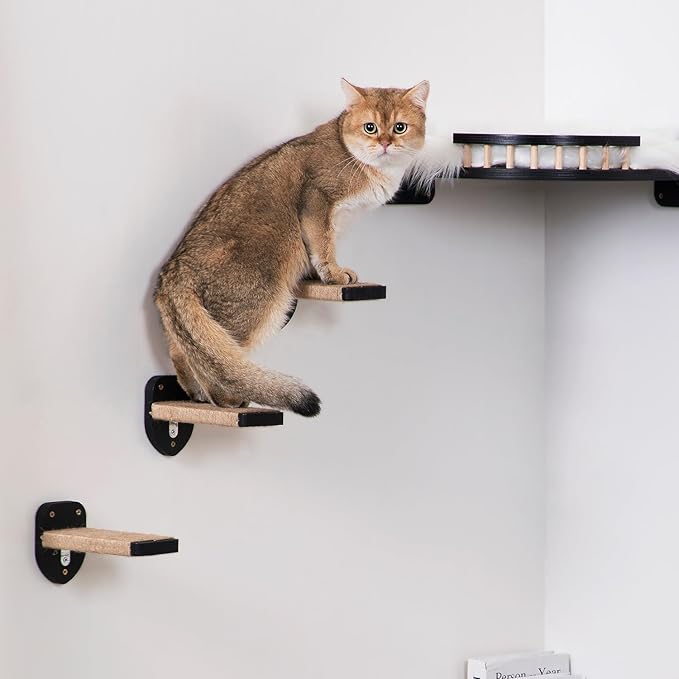 3-in-1 Cat Wall Steps - Climbing Wall Furniture & Shelves with Hemp Rope, Solid Wood Cat Ladder (Standard-Black)