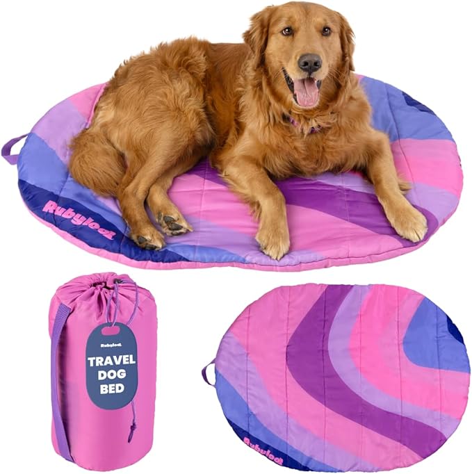 Travel Dog Bed (42" x 30") – Foldable, Packable Camping Dog Bed – Water Resistant, Cozy & Durable Mat with Soft Padding – Compact, Portable & Machine Washable – Large & Small Breeds - Pink