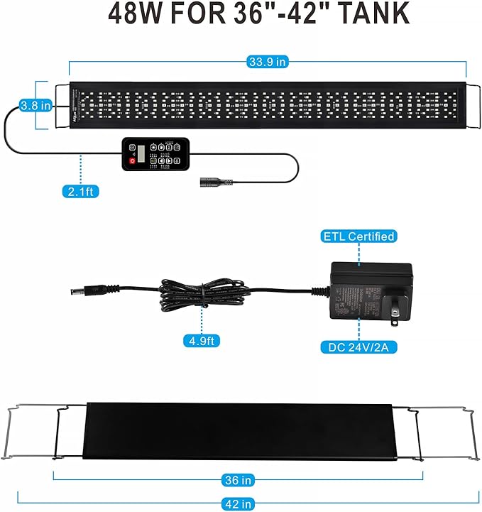 Advanced 7-Row LED Aquarium Light, Easy Setup Controller, Auto On Off Full Spectrum Fish Tank Light, 24/7 Lighting Cycle, 8 Colors, 10 Level Dimming, 48W for 36"-42" Freshwater Planted Tank