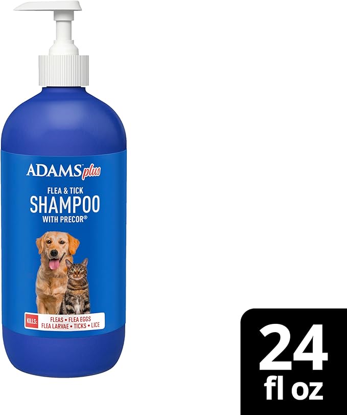 Adams Plus Flea & Tick Shampoo with Precor for Cats, Kittens, Dogs & Puppies Over 12 Weeks Of Age |Sensitive Skin Flea Treatment |Kills Adult Fleas, Flea Eggs, Ticks, and Lice |24 Oz, Pump Included