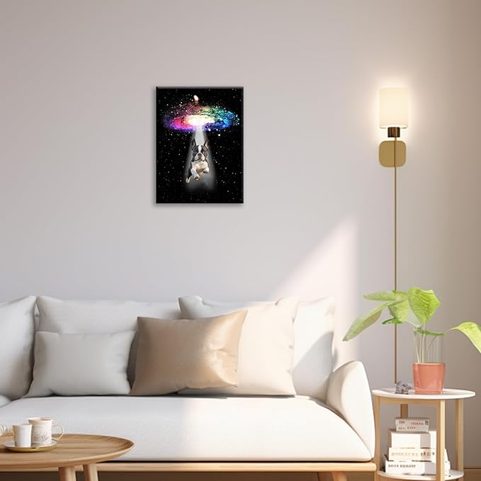 Funny Dog Wall Art Canvas Boston Terrier Wall Decor Prints Framed Painting Bulldog Galaxy Pictures Gifts Artwork for Bathroom 12"x16"