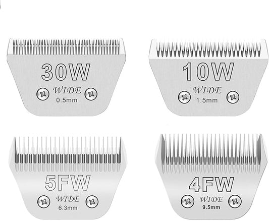 4PCS Wide Blades for Dog Grooming Blades Compatible with Andis,Oster A5,Wahl km10 Dog Clippers,Detachable Stainless Steel Dog Clipper Blades (10W+30W+5FW+7FW)