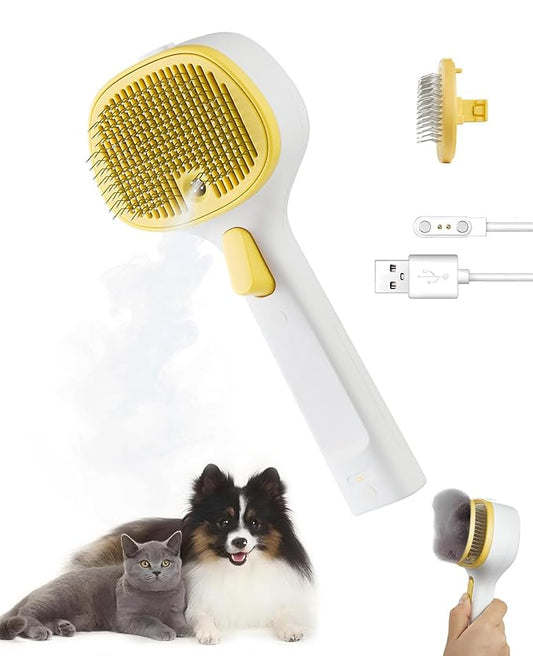 FURGO 3-in-1 Pet Steam Brush for Dogs & Cats – Reduces Static, Long-Pin Head for Long Hair, One-Click Release Button, Dog Spray Brush for Shedding Control (Long)