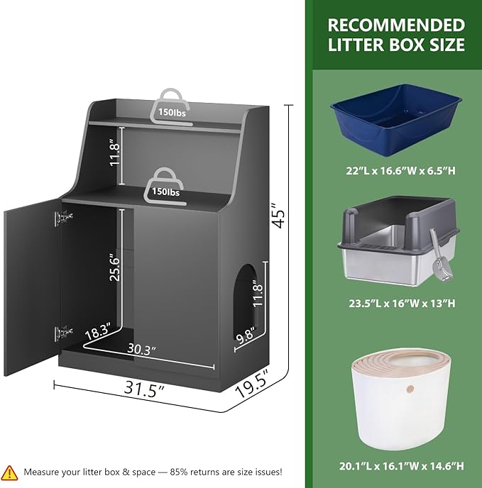 Large/Tall Litter Box Enclosure, Modern Wooden Litter Box Furniture for XL Litterbox with Open Shelf as Sideboard Cabinet (Black)