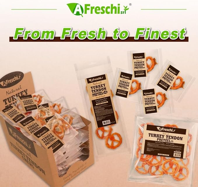 Afreschi Natural Turkey Tendon Pretzel (S) 8oz, USA-Sourced Turkey Tendon, All Natural Puppy Chew, Hypoallergenic, Rawhide Alternative, for Small Breeds