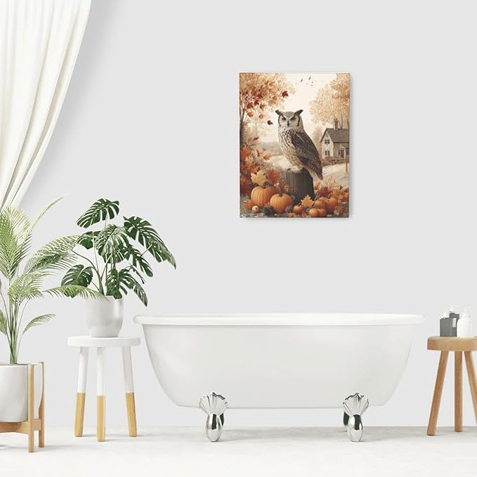 Fall Owl Wall Art Autumn Pumpkin Leaves Wall Decor Rustic Canvas Print Farmhouse Pictures Painting Print Framed Artwork Decorations Gifts for Living Room Bathroom Bedroom Office 12"x16"