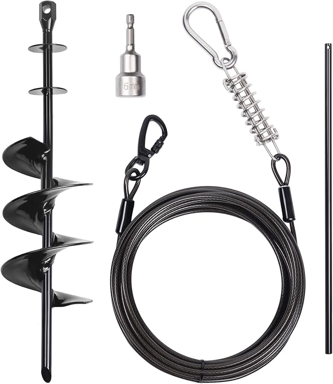 Heavy Duty Dog Tie Out Cable 30ft with Stake - 360° No Tangle Swivel, Spiral Anchor for Dogs up to 210 lbs, Yard Camping Use
