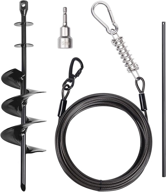 Heavy Duty Dog Tie Out Cable 30ft with Stake - 360° No Tangle Swivel, Spiral Anchor for Dogs up to 210 lbs, Yard Camping Use