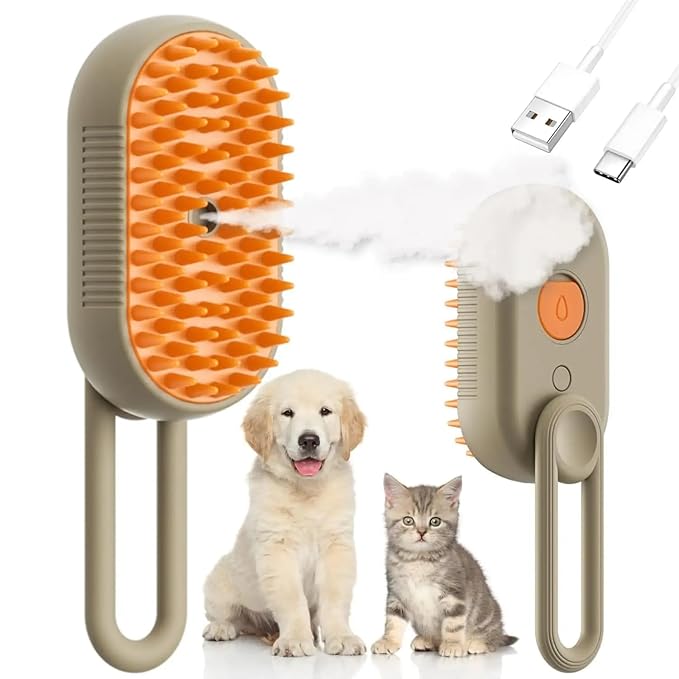 4 in 1 Cat Steam Brush Rechargeable pet spray comb Steam Brush for Cats and Dogs, Massage, Cleaning, Shedding & Combing Multifunctional Hair Removal Anti Static Grooming Tool for home (Beige)