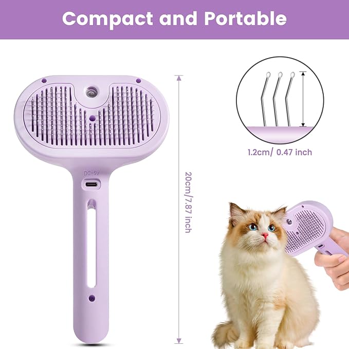 3 in 1 Cat Steam Brush, Pet Spray Hair Removal Comb for Shedding & Grooming, Water Brush for Cats Dogs Small Animals Long Short Haired with One-Click Release Button(Purple)