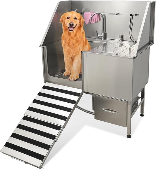 50" Dog Washing Station, Professional Stainless Steel Pet Dog Bathing Station with Ramp, Faucet, Storage Drawer, Floor Grate Dog Bathtub for Large, Medium, Small Pets (Left Ramp)