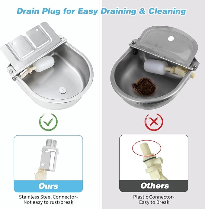 FHTONGE 304 Stainless Steel Automatic Dog Water Bowl Dispenser with Drainage and Float Valves, Large Auto Fill Dog Waterer for Outdoor Big Dogs Livestock Poultry Horse Cow Goat Pig Chicken Duck Rabbit