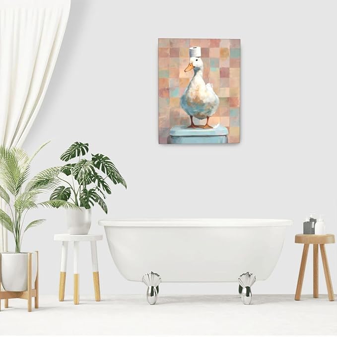 Funny Duck Bathroom Wall Art Cute Duck on Toilet Canvas Wall Decor Funny Quirky Farm Animal Pictures Painting Print Framed Artwork Decorations Gifts for Bathroom 16"x20"