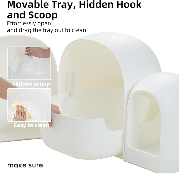 MS!MAKE SURE Cat Litter Box, Large Covered Hidden Dog Proof Closed Modern Cat Litter Box Furniture with Scoop, for Odor Control and Less Tracking, Easy to Clean,26.7"x19.6"19.6", Snow White