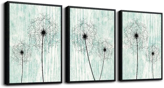 AHUASJART Black Framed Wall Art for Living Room Wall decor for Bedroom Room Decor light green background Pictures Dandelion Paintings posters kitchen Home Decorations 3 Piece Framed Prints Artworks