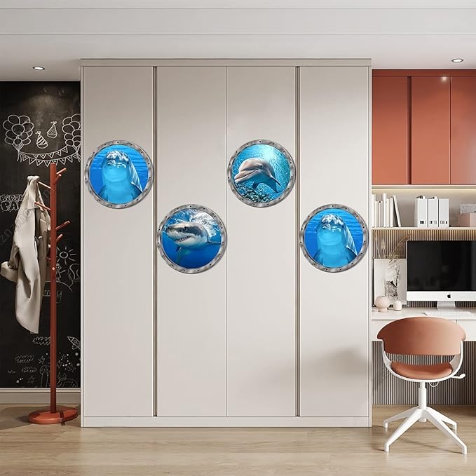 9PCS Ocean Animals World Under Sea Decor Sea Turtles Dolphins Fishes Sharks Coral Removable 3D Peel and Stick Vinyl Stickers