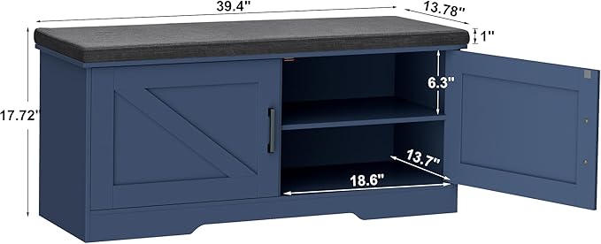 2-Tier Storage Bench, Shoe Bench with Padded Seat Cushion, Entryway Bench with 2 Barn Doors, Adjustable Shelf, 13.8" D x 39.4" W x 17.7" H, for Entryway, Living Room, Bedroom, Blue