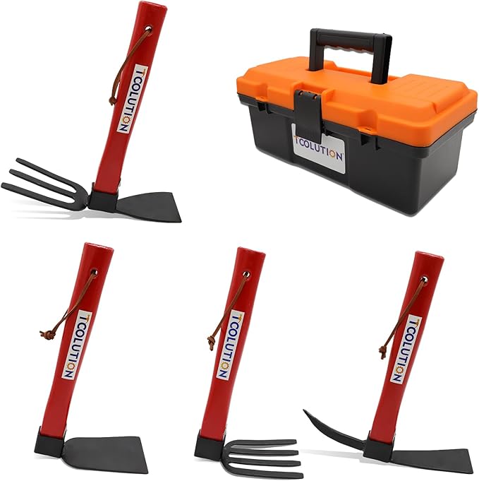Garden Tool Set with Tool Box 4 Piece Heavy Duty Gardening Tools Kit with Hoe Rake Shovel Fork Non Slip Handle Garden Hand Tools for Digging Weeding Planting